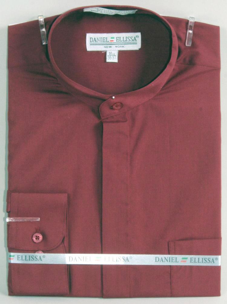 Men’s Classic Banded Collar French Front Dress Shirt in Burgundy