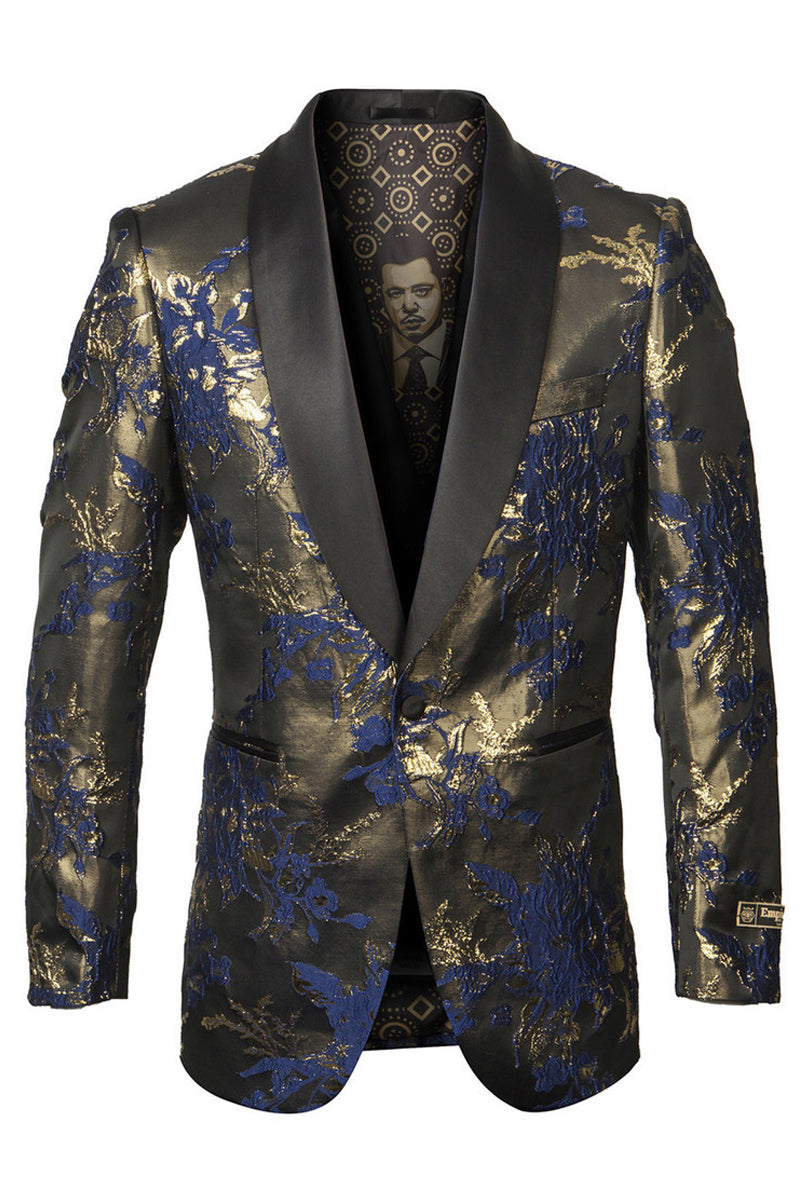 Men’s Shiny Satin Paisley Prom Tuxedo Jacket in Navy & Gold