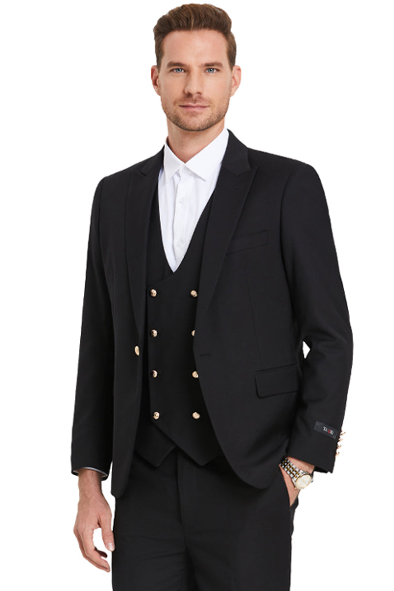Men’s One Button Peak Lapel Vested Suit with Gold Buttons in Black
