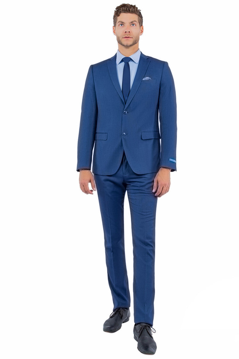 Men’s Two Button Vested Sharkskin Suit with a Scoop Vest in French Blue
