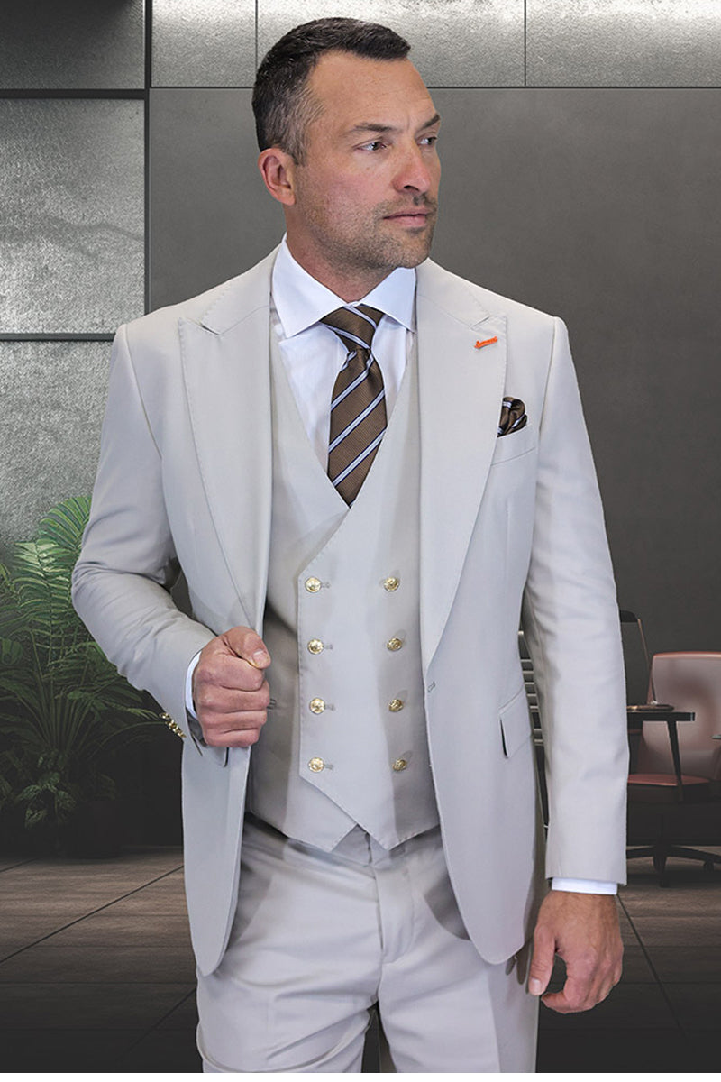 Men’s Designer Wool Vested One Button Peak Lapel Suit in Light Grey Ash with Gold Buttons