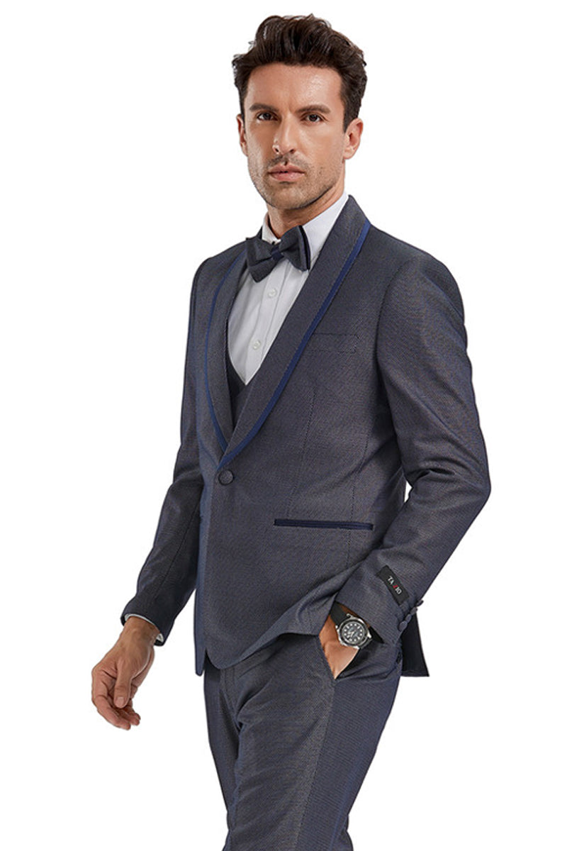 Men’s One Button Vested Shawl Tuxedo in Grey Birdseye with Blue Trim