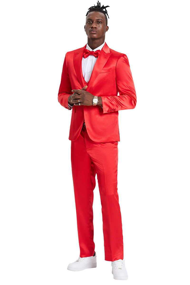 Men’s One Button Vested Shiny Satin Sharkskin Prom & Wedding Party Suit in Red