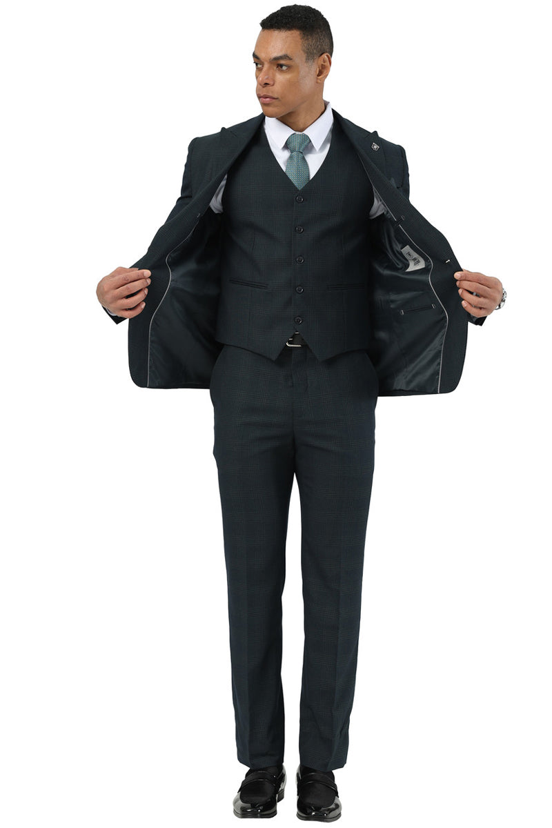 Men’s Stacy Adams One Button Peak Lapel Vested Suit in Dark Hunter Green Plaid
