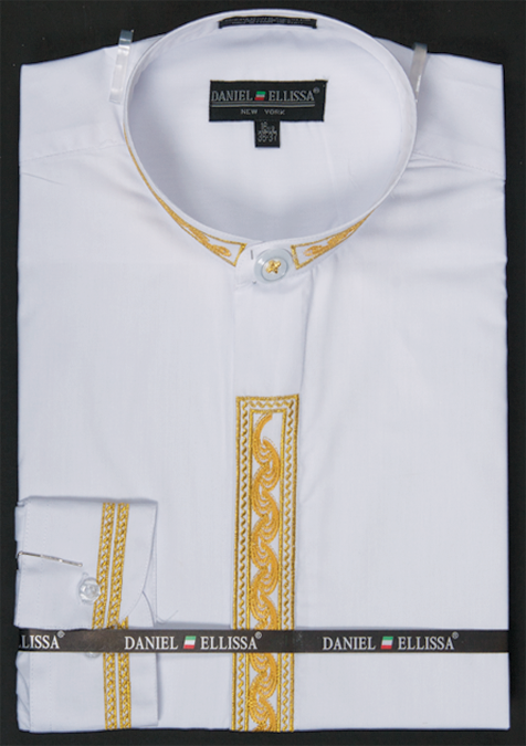 Men’s Regular Fit Banded Collar Dress Shirt in White with Gold Wave Embroidery