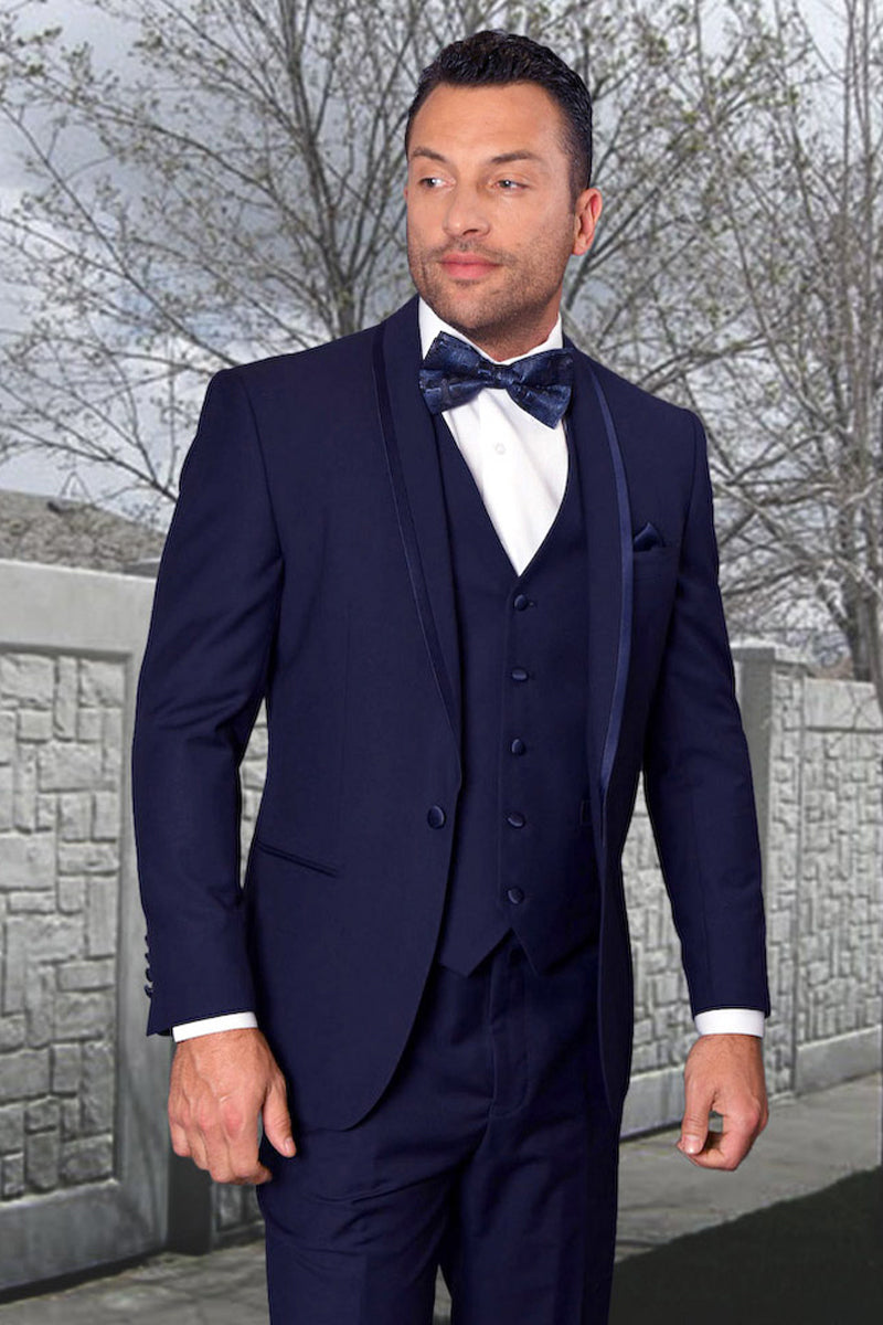 Men’s Vested Satin Trim Shawl Wedding & Prom Tuxedo in Navy Blue