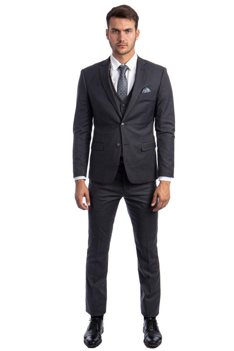 Men’s Two Button Slim Fit Vested Solid Basic Color Suit in Charcoal Grey