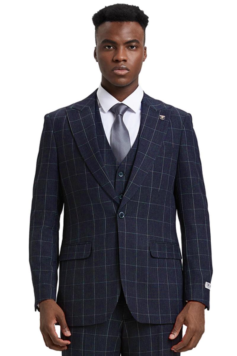 Men’s Stacy Adams Vest Classic Bold Windowpane Suit in Navy Blue