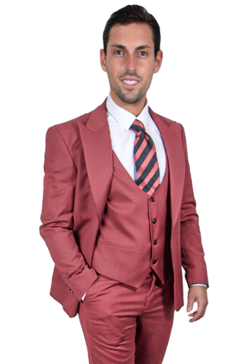 Men’s Vested One Button Peak Lapel Stacy Adams Suit in Coral Blush Pink