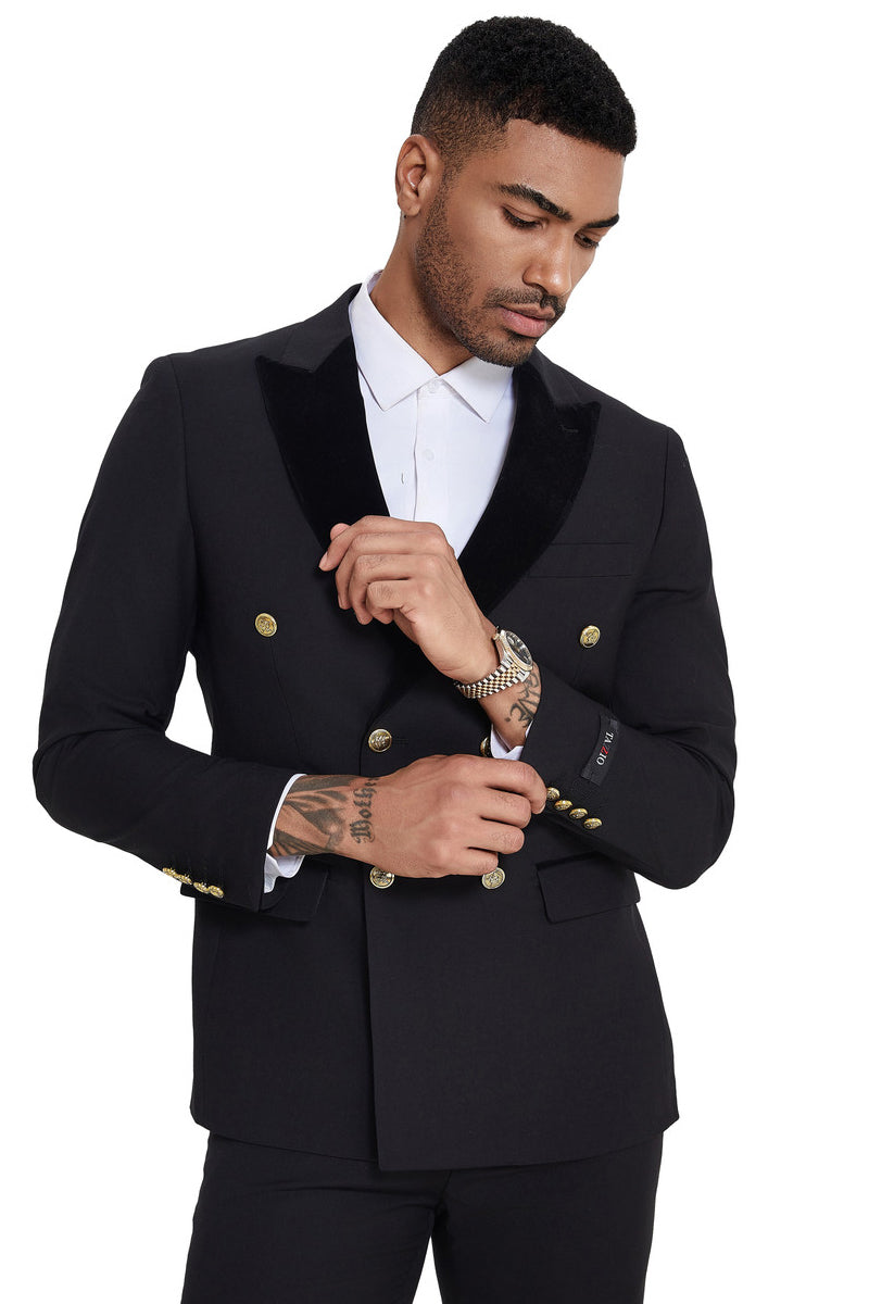 Men’s Double Breasted Wedding Suit with Velvet Peak Lapel and Gold Buttons in Black
