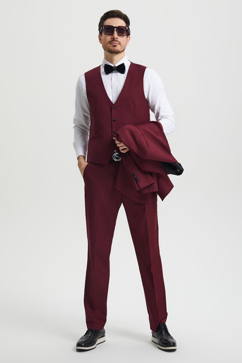 Men’s Stacy Adams Vested One Button Shawl Lapel Designer Tuxedo in Burgundy