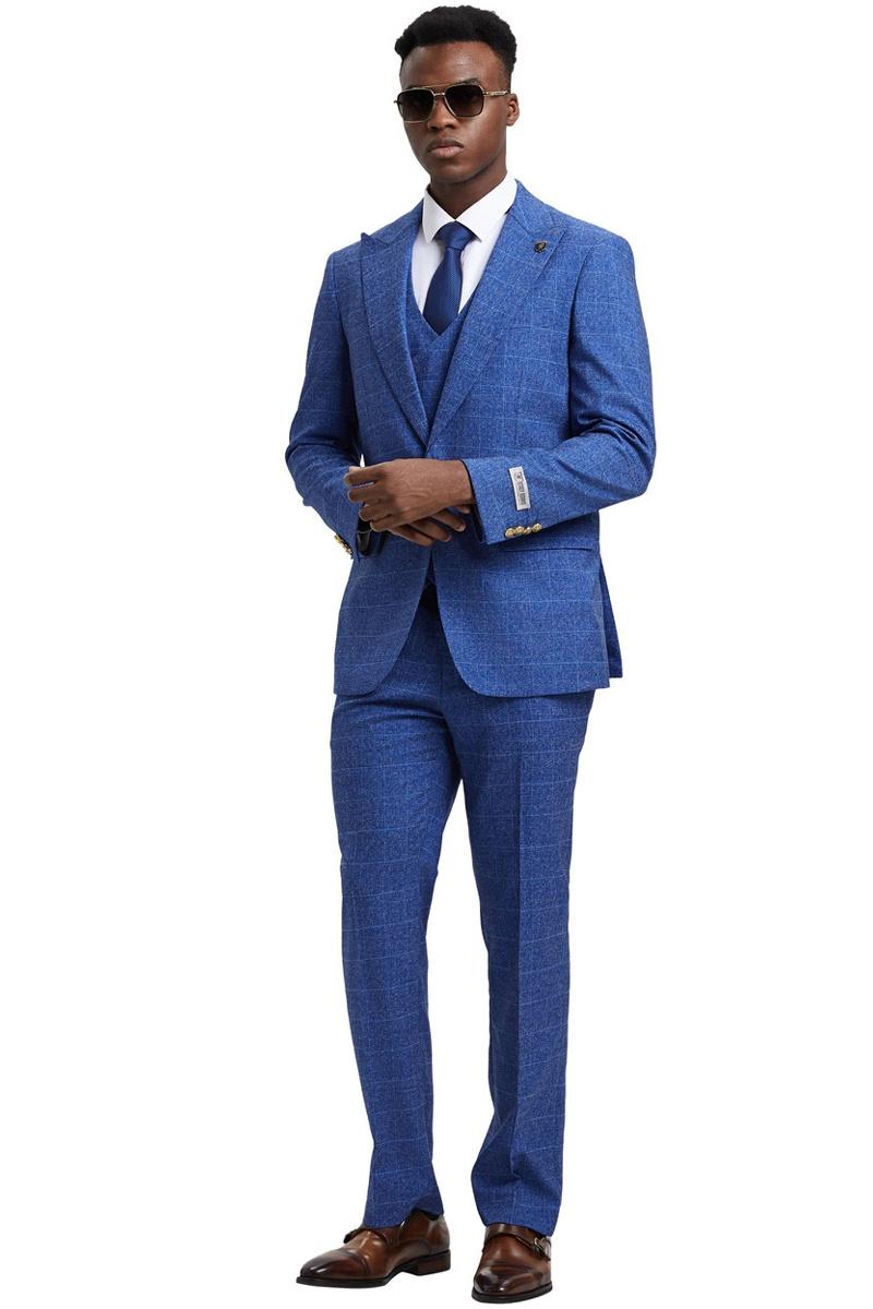 Men’s Stacy Adams Peak Lapel Suit with Double Breasted Vest in Blue Windowpane Plaid