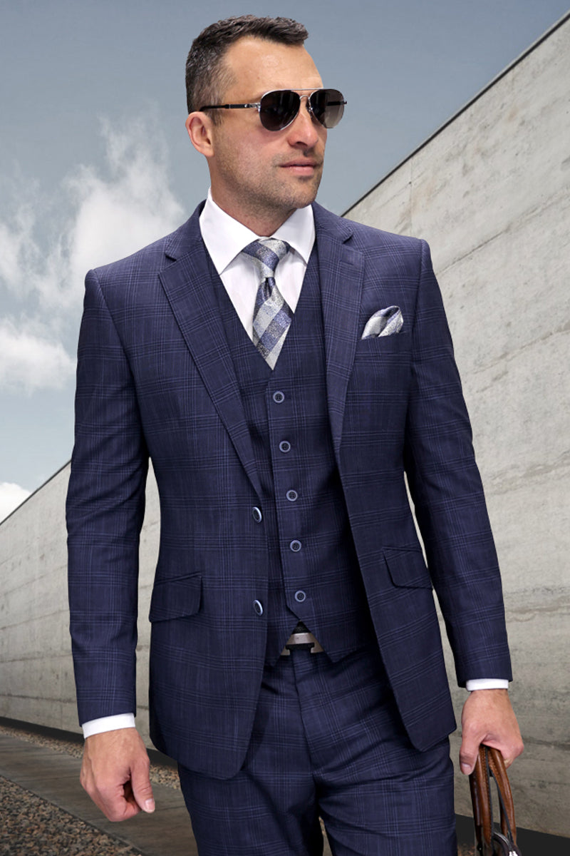 Men’s Designer Vested Wool Modern Fit Sharkskin Suit in Navy Blue