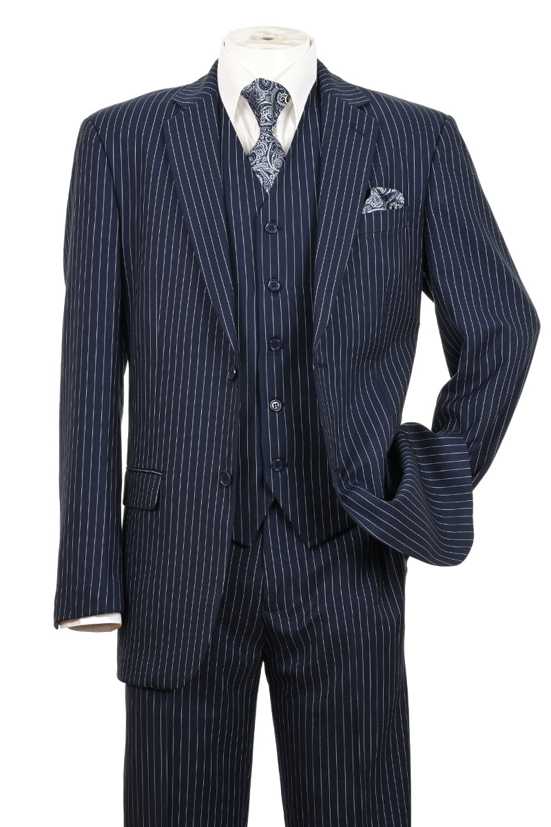 Mens 2 Button Vested Bold Pinstripe Gangster Suit in Navy