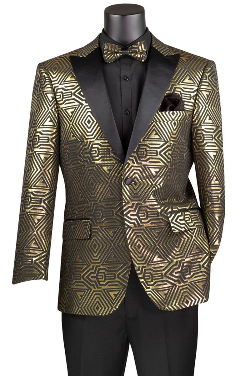 Men’s Modern Fit Peak Lapel Tuxedo Jacket in Gold Geometric Print