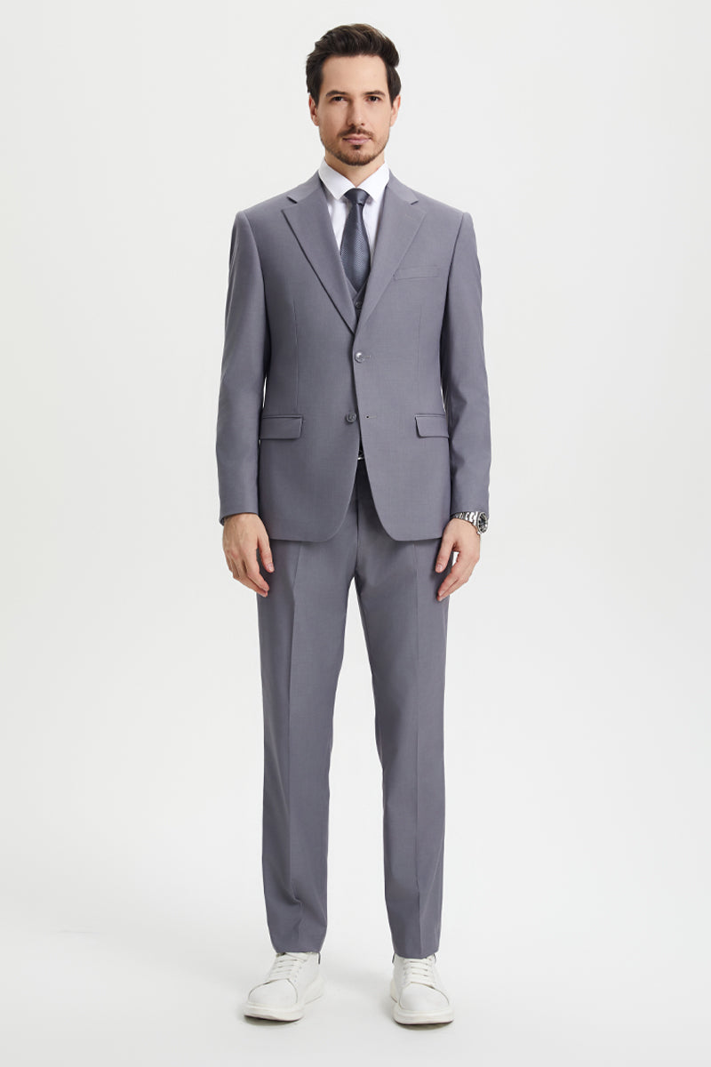 Men’s Two Button Vested Stacy Adams Basic Designer Suit in Medium Grey