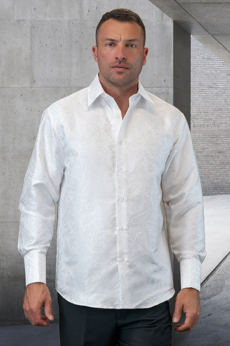 Men’s Fancy Long Sleeve Woven Paisley Dress Shirt in White