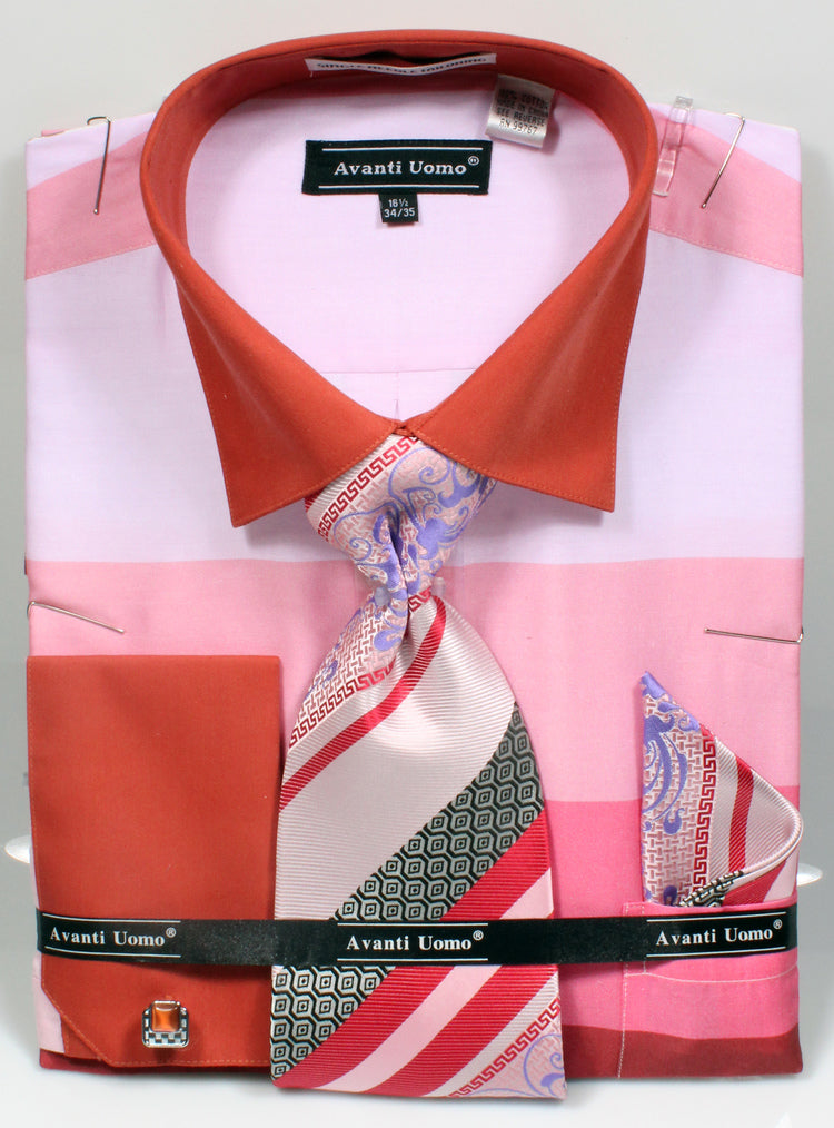 Men’s Contrast Collar Wide Horizontal Stripe French Cuff Dress Shirt, Tie, & Hanky Set in Pink