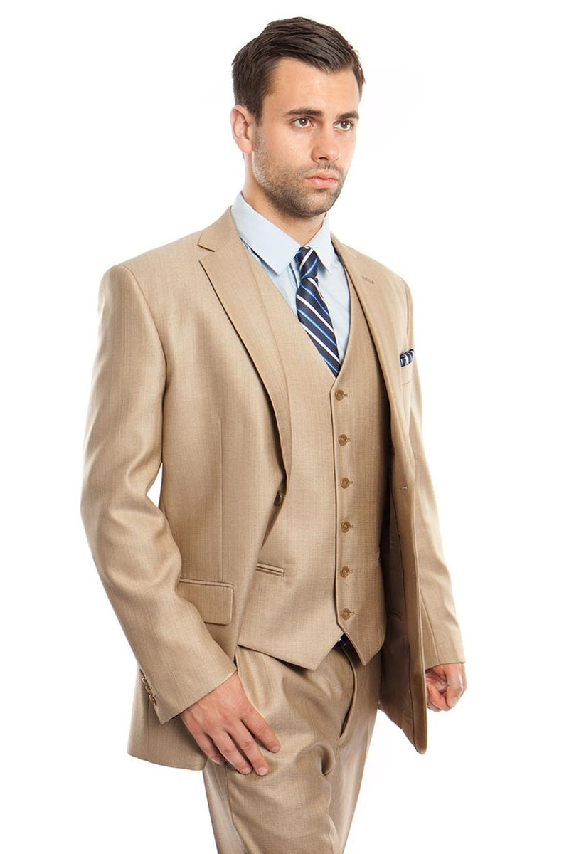 Men’s Two Button Vested Textured Sharkskin Business Suit in Stone Tan