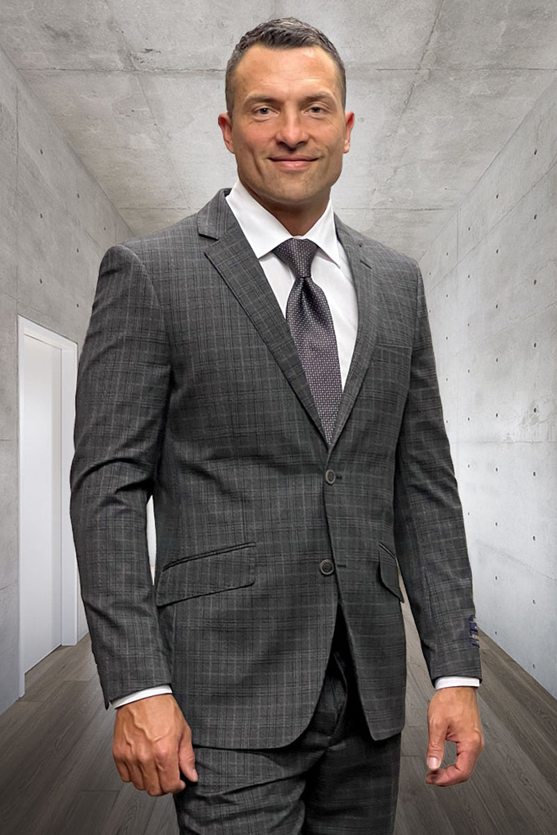 Men’s Modern Fit Two Button Designer Wool Suit in Brown Taupe Plaid