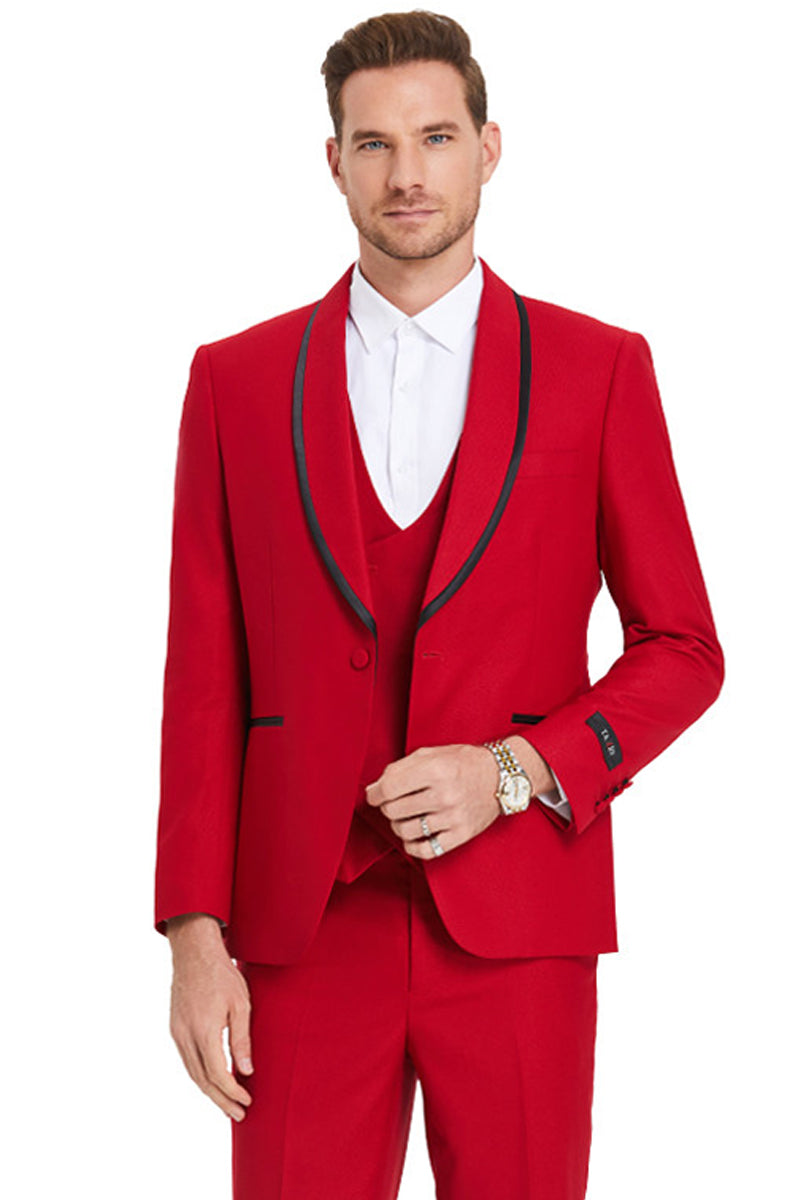 Men’s One Button Vested Shawl Tuxedo in Red Birdseye with Black Satin Trim