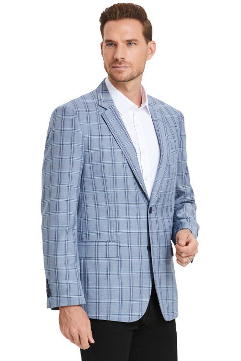 Men’s Two Button Business Casual Double Windowpane Sport Coat in Navy Blue