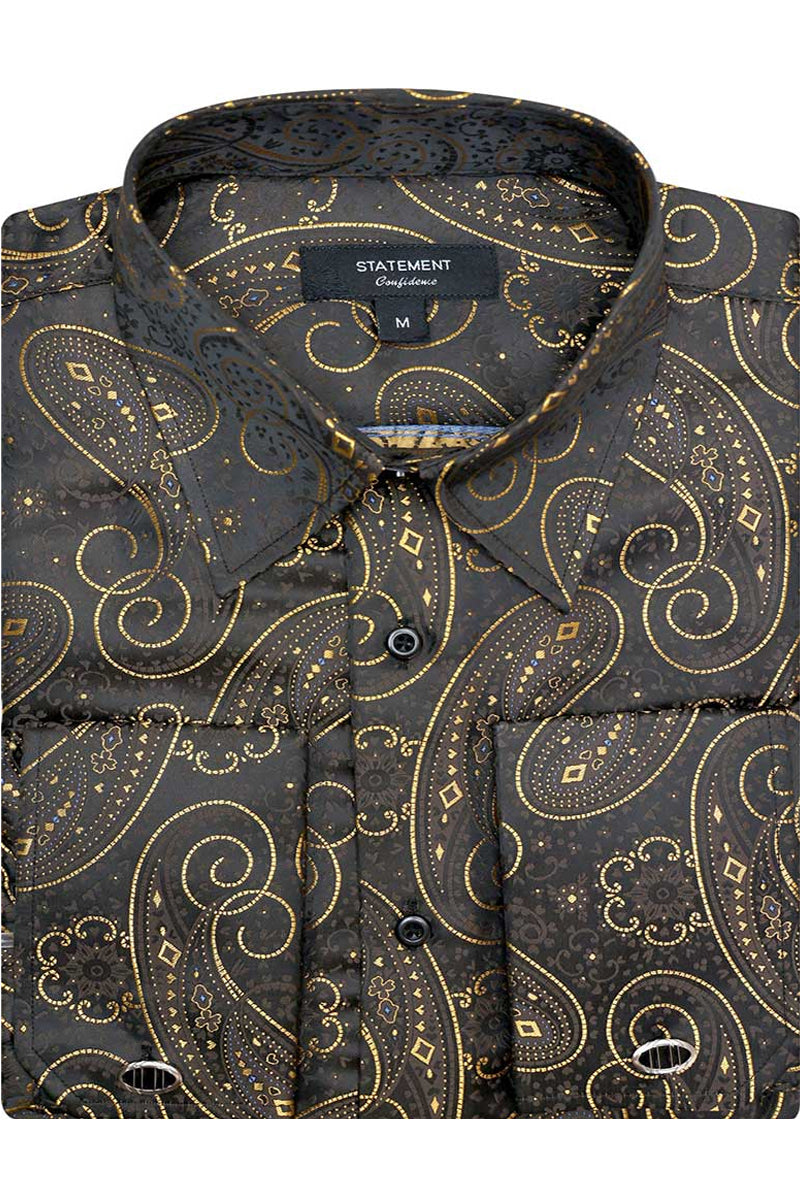 Men’s Fancy French Cuff Long Sleeve Dress Shirt in Gold Paisley