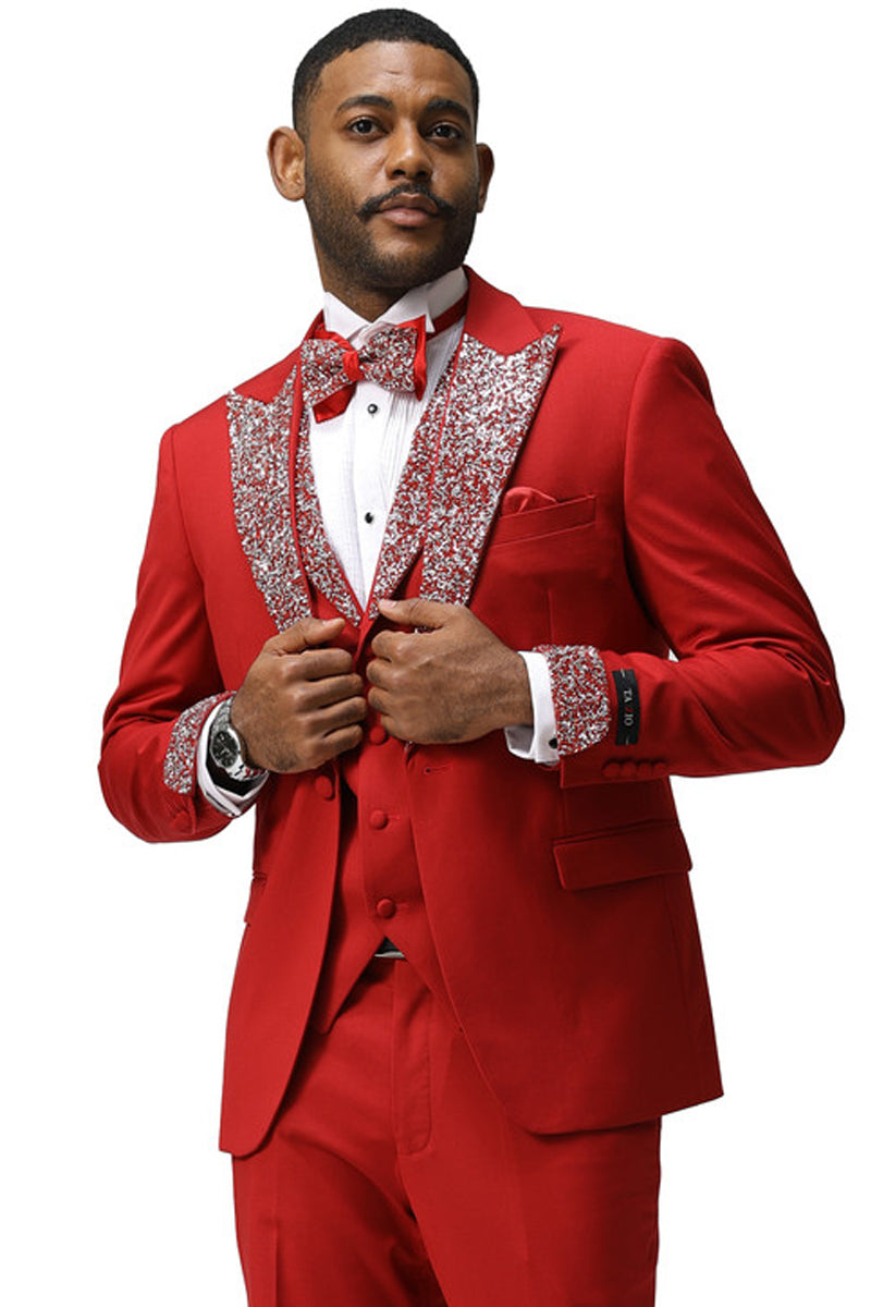 Men’s One Button Rhinestone Peak Lapel Vested Prom Tuxedo in Red