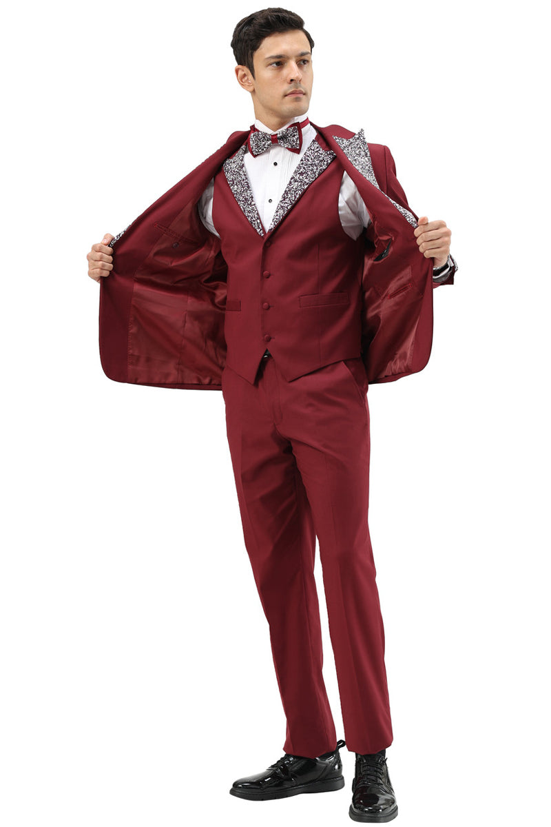 Men’s One Button Rhinestone Peak Lapel Vested Prom Tuxedo in Burgundy