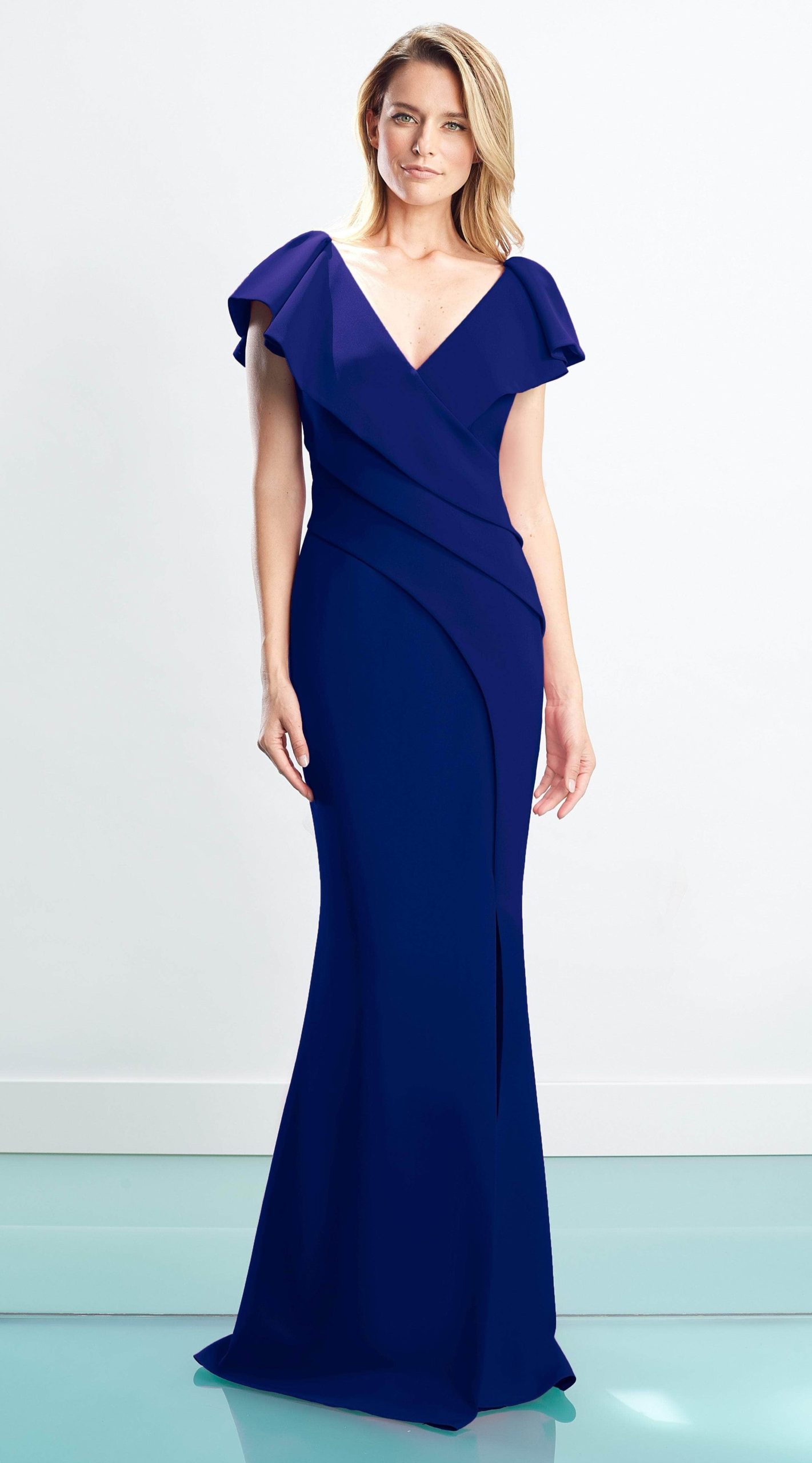 1456 Cap Sleeves V-Neck Trumpet Gown With Slit