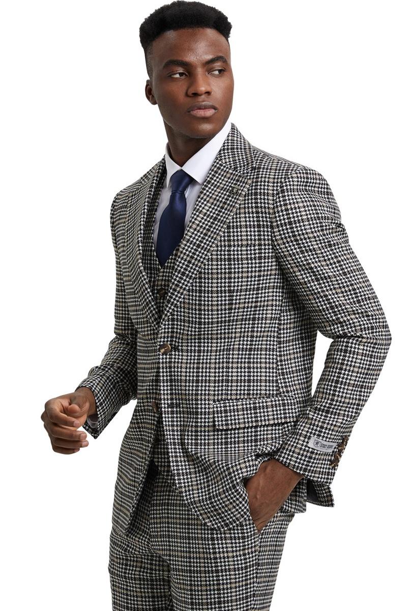 Men’s Stacy Adams Vested Modern Fit Houndstooth Glen Plaid Suit in Grey & Green