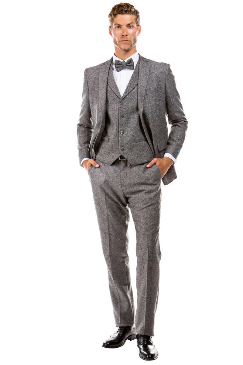 Men’s Two Button Vested Vintage Style Tweed Wedding Suit in Grey