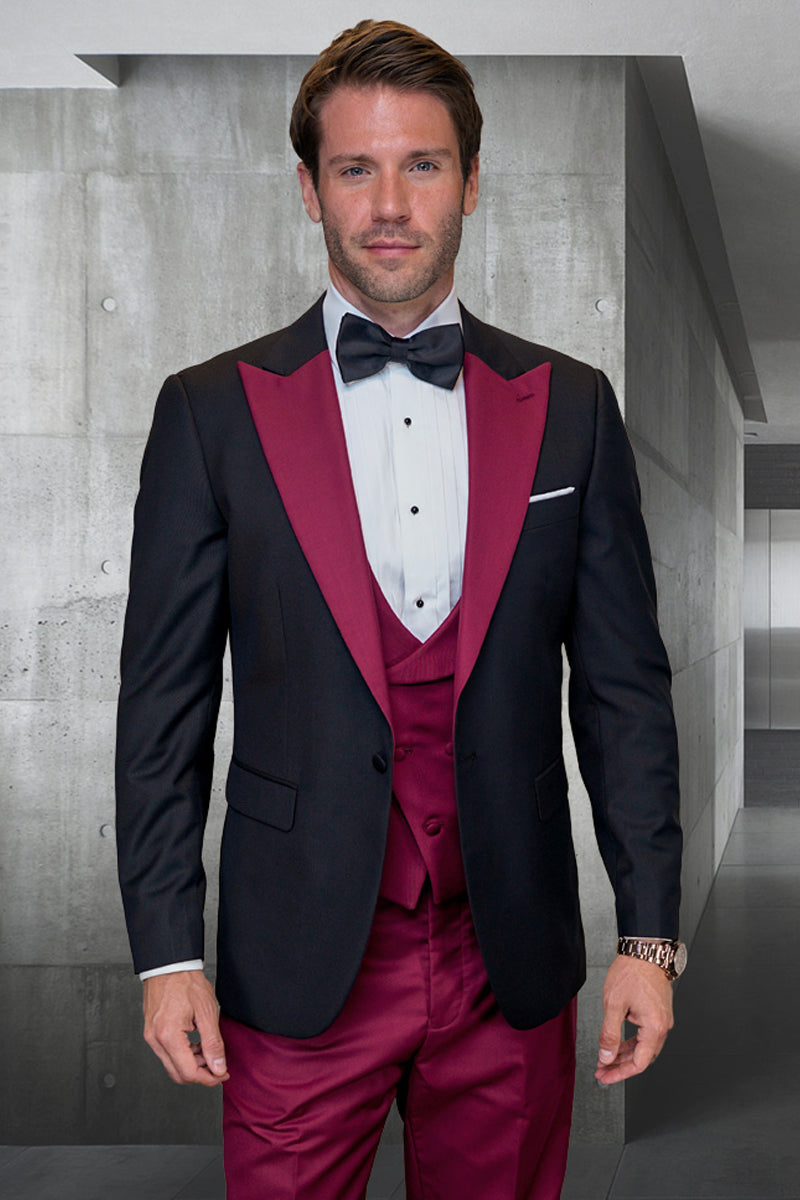 Men’s Designer Vested Contrast Peak Lapel Wool Wedding & Prom Tuxedo in Black & Burgundy