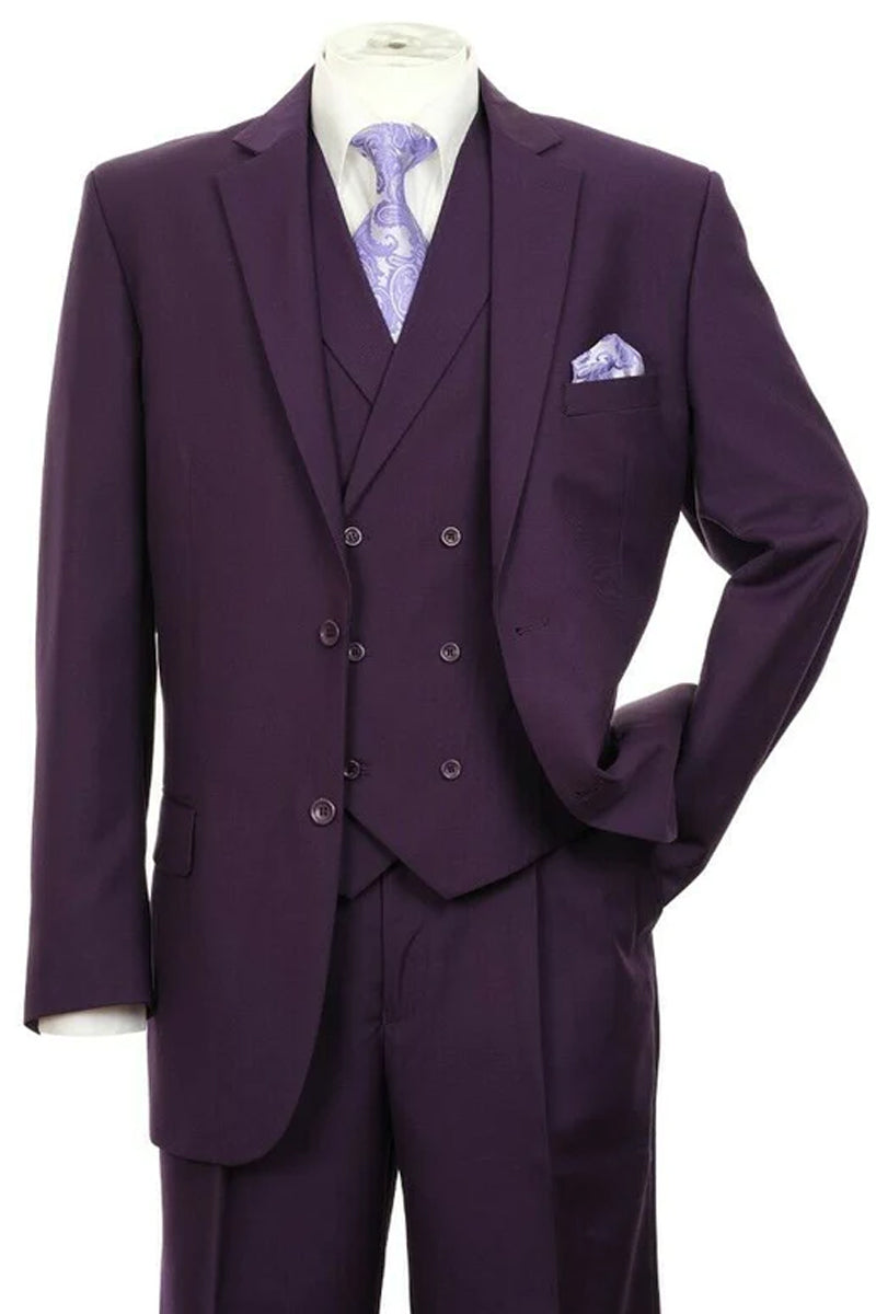 Mens 2 Button Fashion Suit in Purple With Double Breasted Vest