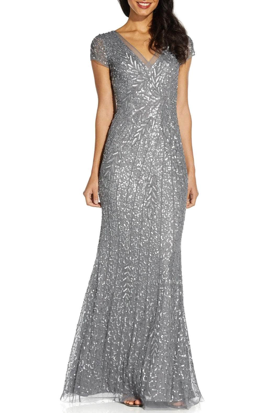 Beaded Mesh V-Neck Evening Gown