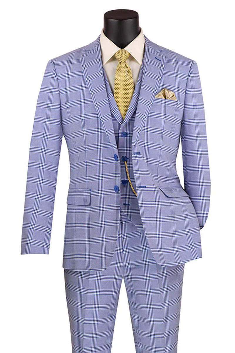 Men’s Slim Fit Vested Glen Plaid Summer Business Suit in Sky Blue