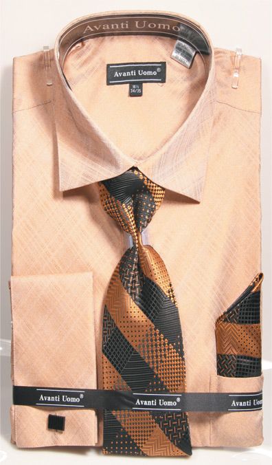Men’s weave Pattern French Cuff Dress Shirt, Tie & Hanky Set in Tan