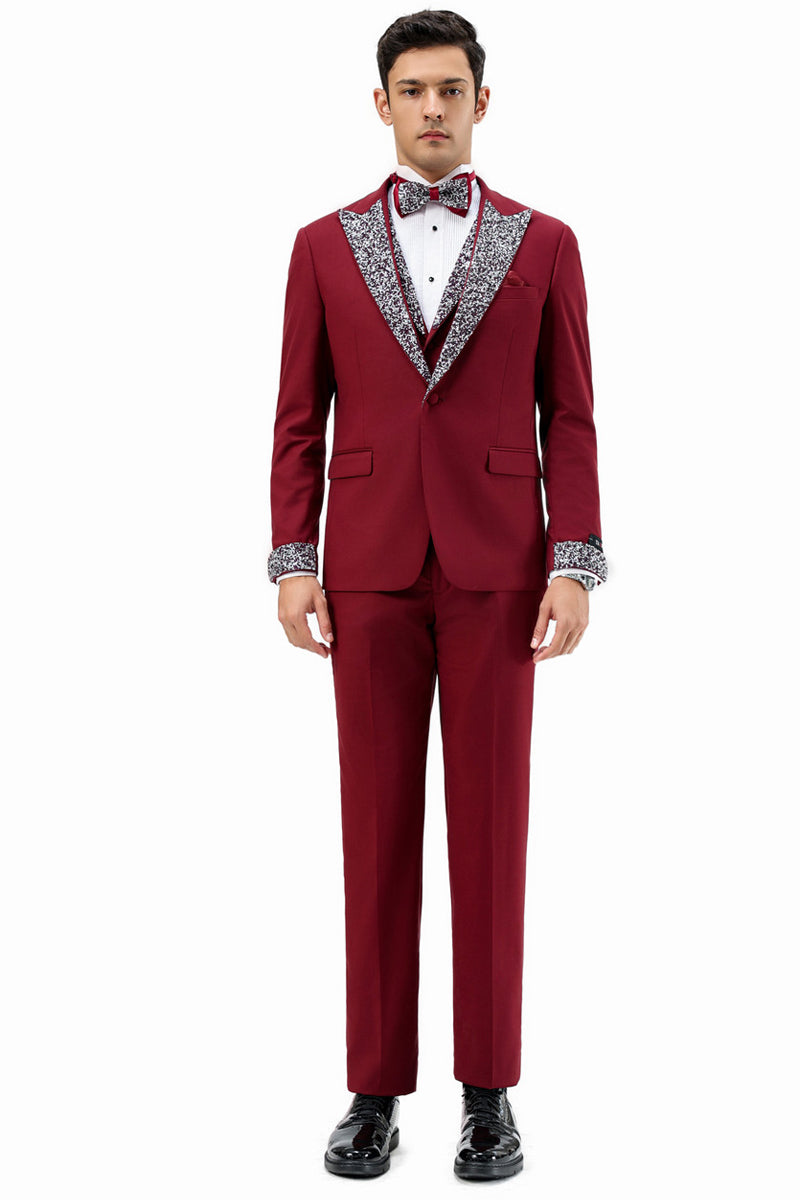 Men’s One Button Rhinestone Peak Lapel Vested Prom Tuxedo in Burgundy
