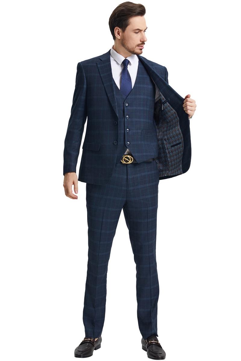 Men’s Stacy Adams Vested Modern Fit Windowpane Plaid Suit in Navy Blue