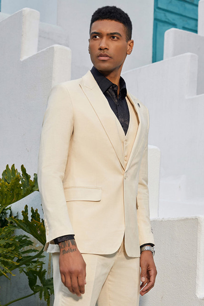 Men’s One Button Double Breasted Vest Slim Fit Sharkskin Wedding Suit in Tan