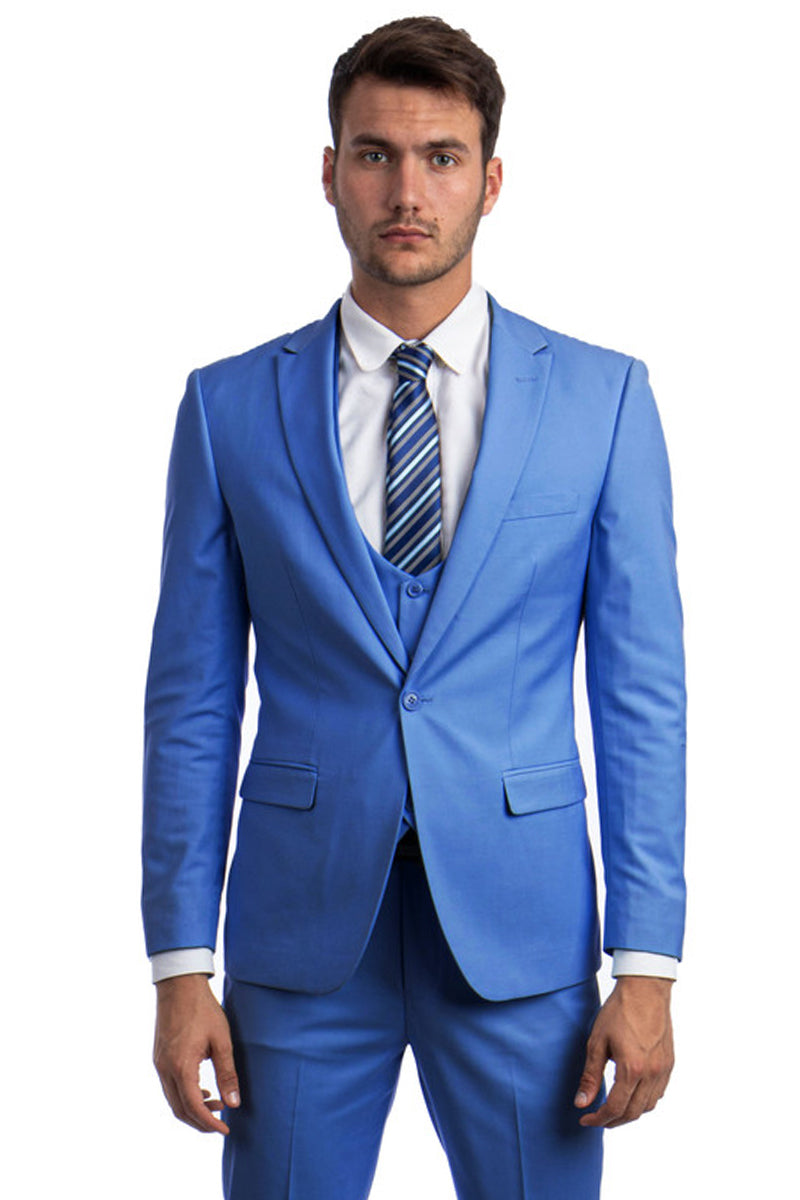 Men’s One Button Peak Lapel Skinny Wedding & Prom Suit with Lowcut Vest in French Blue
