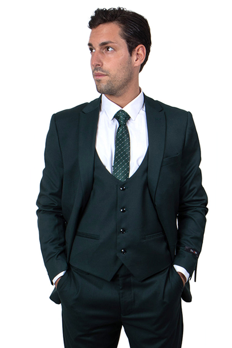 Men’s One Button Peak Lapel Skinny Wedding & Prom Suit with Lowcut Vest in Hunter Green