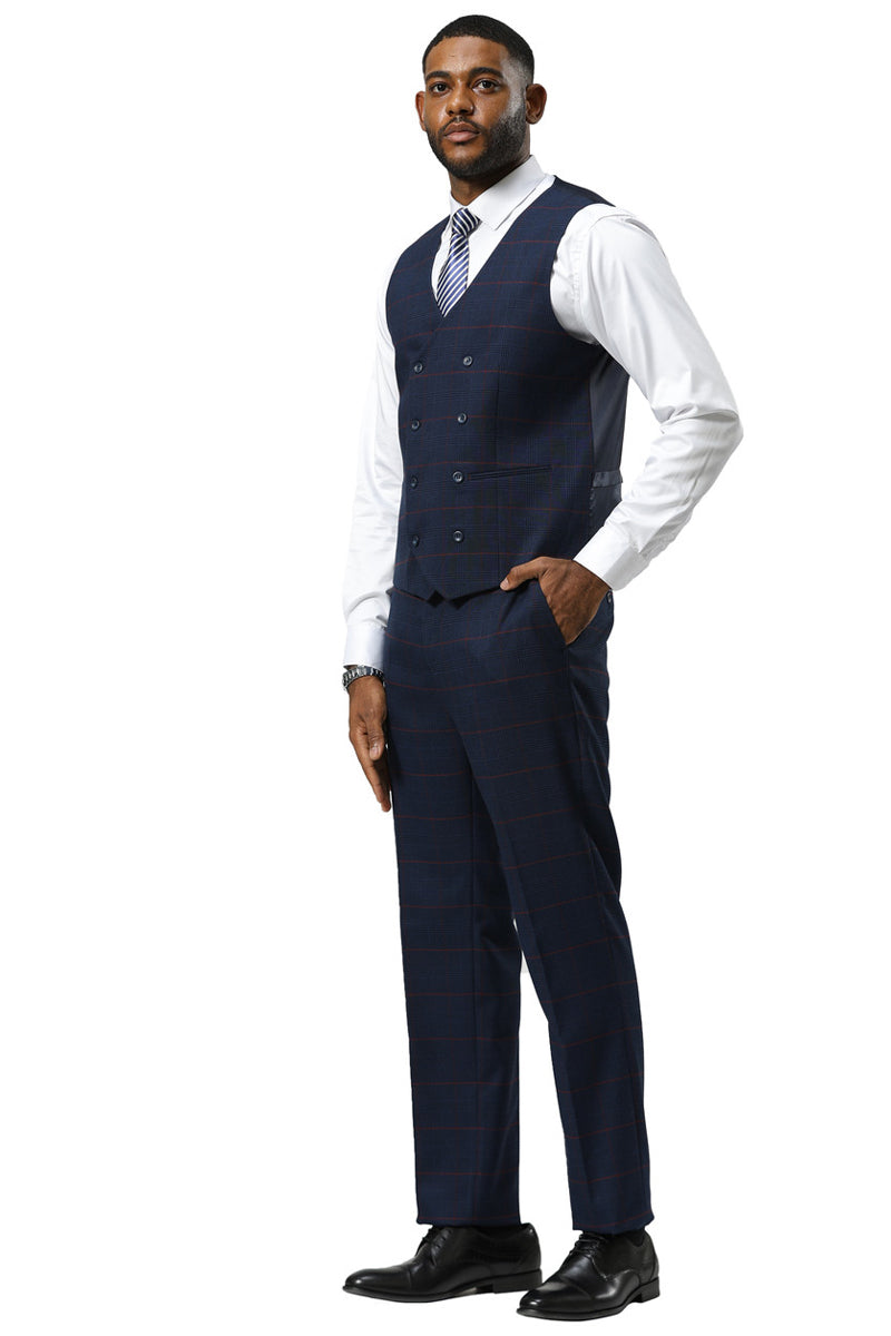 Men’s Stacy Adams One Button Peak Lapel Suit With Double Breasted Vest in Navy Glen Plaid
