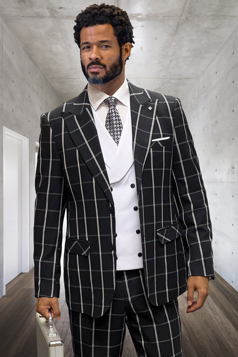 Men’s Designer One Button Peak Lapel Vested Wool Suit in Black & White Bold Windowpane Plaid