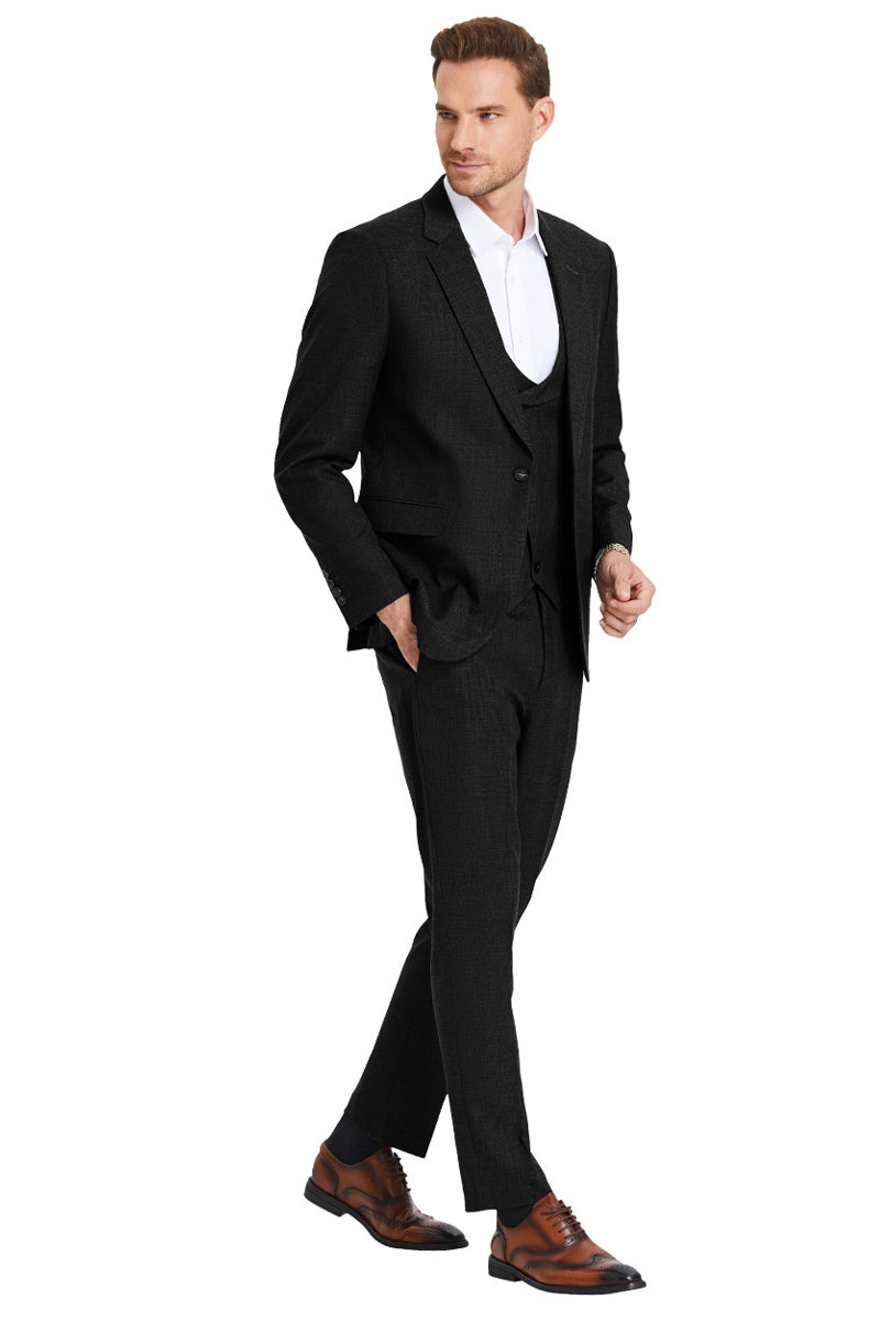 Men’s One Button Double Breasted Vest Slim Fit Sharkskin Wedding Suit in Black