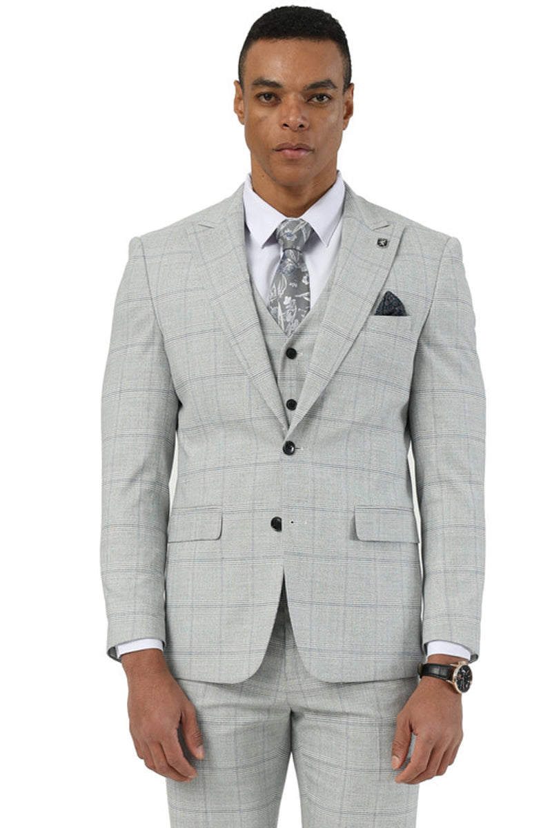 Men’s Stacy Adams Two Button Vested Peak Lapel Suit in Light Grey Windowpane Plaid
