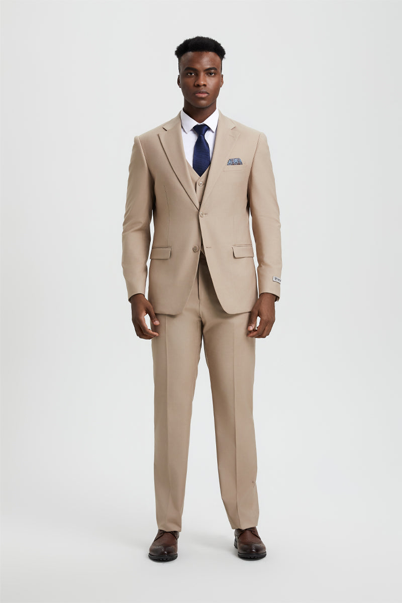 Men’s Two Button Vested Stacy Adams Basic Designer Suit in Tan