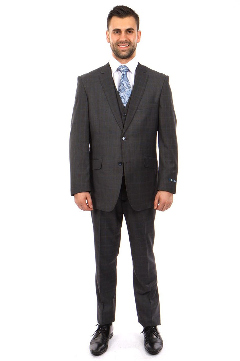 Men’s 100% Wool Modern Fit Vested Suit in Charcoal Grey & Blue Windowpane Plaid
