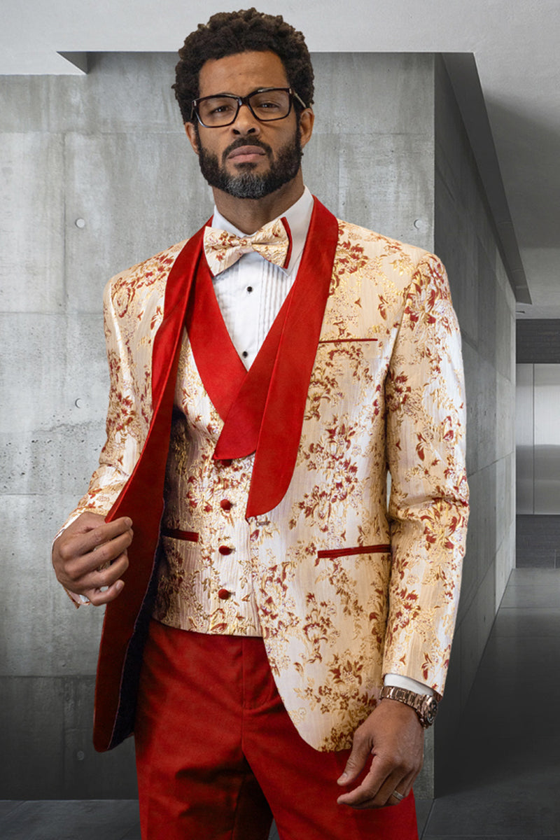 Men’s Vested Designer Prom & Wedding Tuxedo in Japanes Paisley Satin in Coral Orange