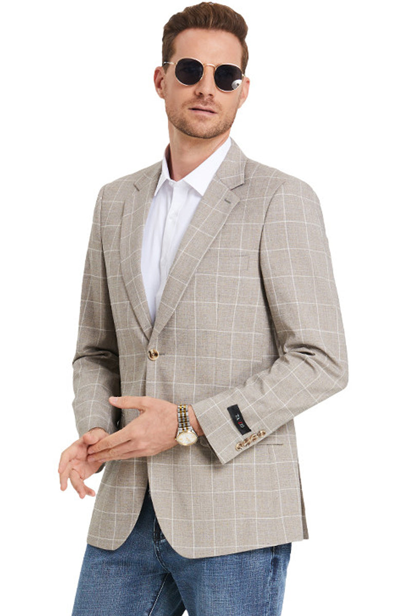 Men’s Slim Fit Business Casual Summer Windowpane Plaid Suit in Light Tan